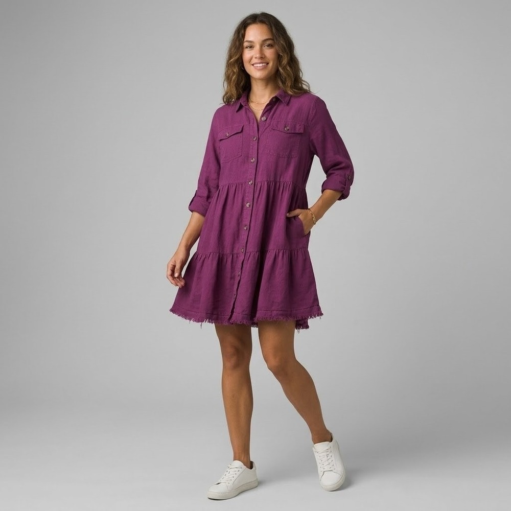 White Birch Magenta Purple Cotton Linen Tiered Shirt Dress 2XL Raw hem
